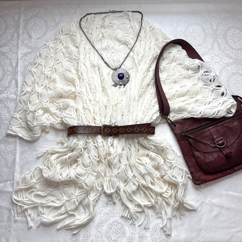 Cute Y2K Poncho Shawl Open Knit Wrap Fringe Sheer Boho Hippie Unbranded O/S